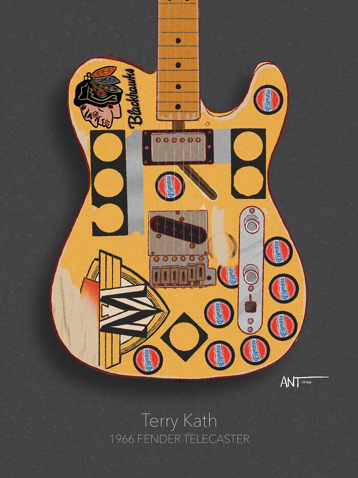 Guitarist illustration of a 1966 Fender Telecaster with unique stickers and designs.