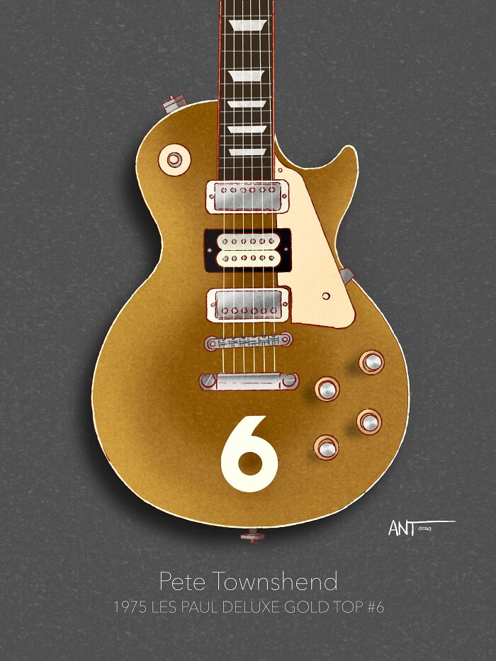 Illustration of a gold Les Paul guitar with number 6, part of a guitar-themed artwork collection.