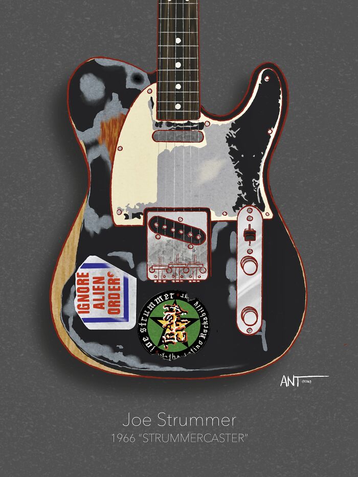 Illustrated guitar with custom decals, showcasing a unique design inspired by Joe Strummer's iconic instrument.