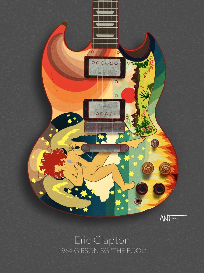 Guitarist illustration featuring a vibrant, artistic design on a Gibson SG guitar.