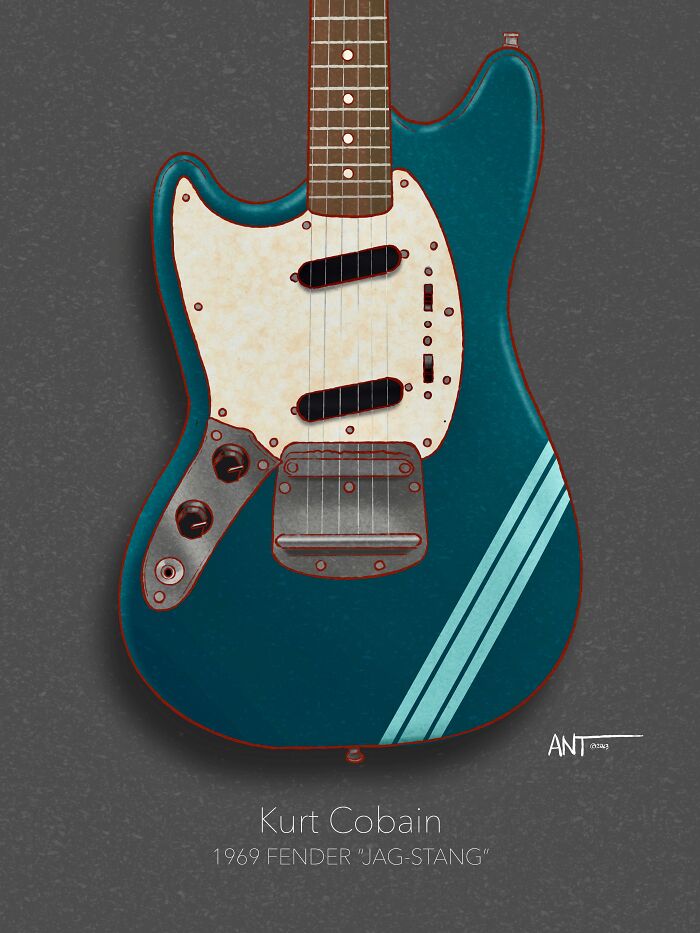 Illustration of a blue 1969 Fender Jag-Stang guitar, part of the Guitartist series.