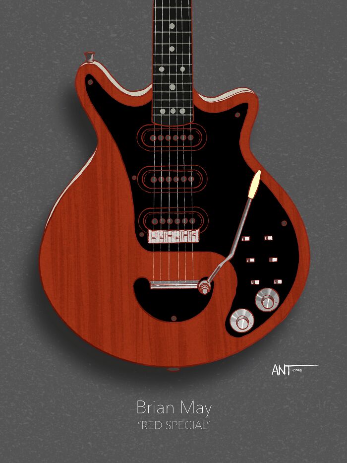 Illustration of a guitar resembling Brian May's Red Special with a wooden finish and black pickguard.