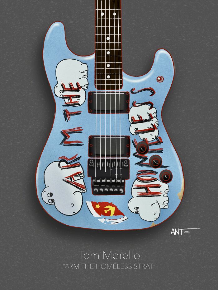 Illustration of a guitar with "Arm the Homeless" design featuring hippo graphics and contrasting colors.