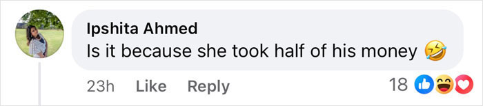 Facebook comment questioning if Melinda took Bill Gates' money, with laughing emoji reactions.