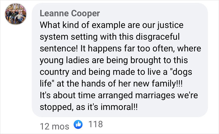 Facebook comment critiquing justice system and arranged marriage practices.