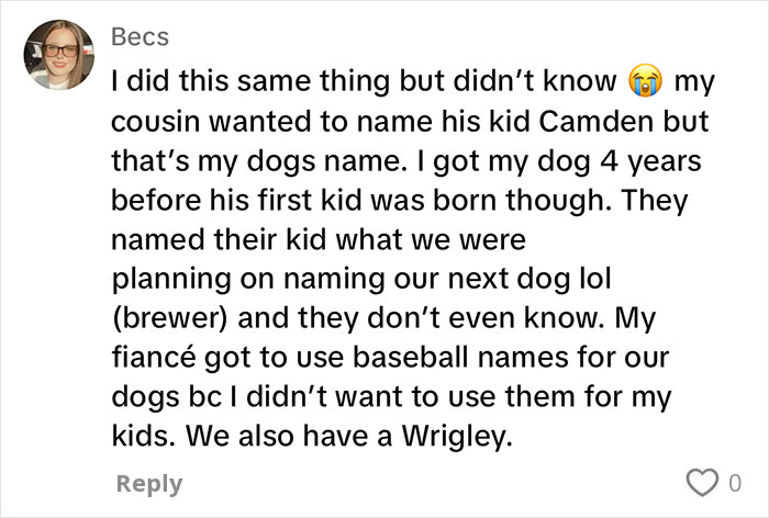 Text exchange about accidentally naming a dog with a cousin's baby's name.