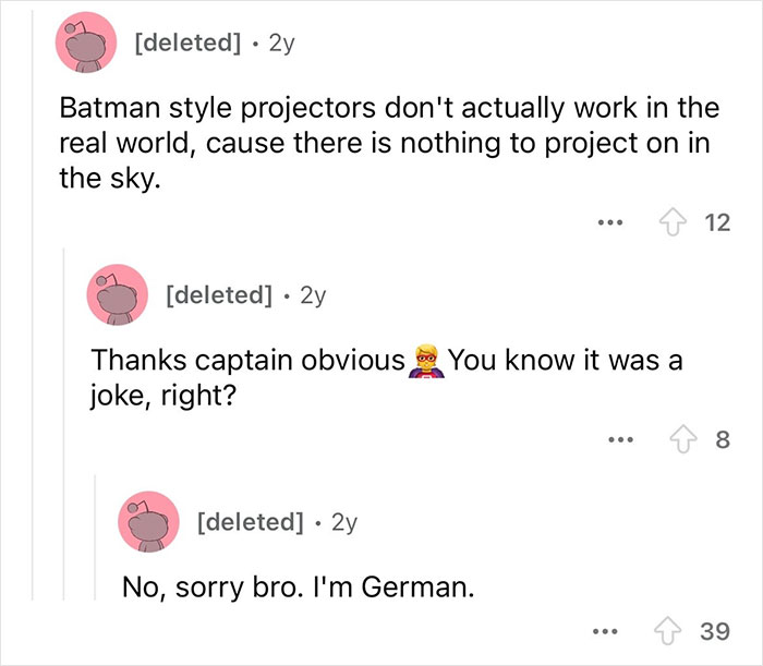 "Reddit users engage in a humorous exchange, showcasing a witty comeback about Batman-style projectors."