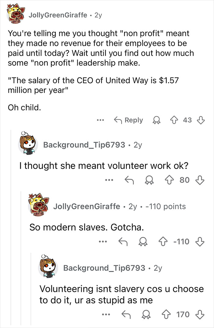 Text exchange discussing nonprofit CEO salaries and volunteer work, highlighting sarcastic comebacks.