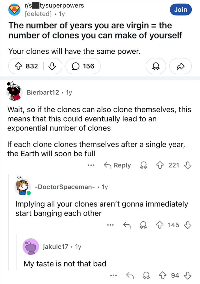 Humorous Reddit comment thread discussing clones and comebacks on r/shittysuperpowers.