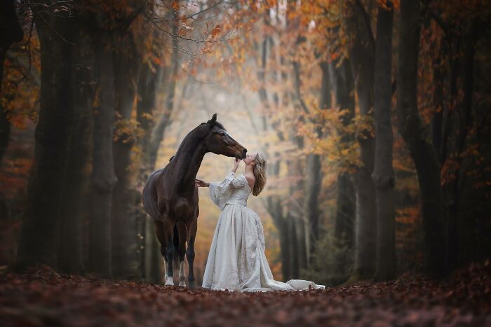 A woman in a white dress with a horse in an autumn forest, capturing a serene moment.