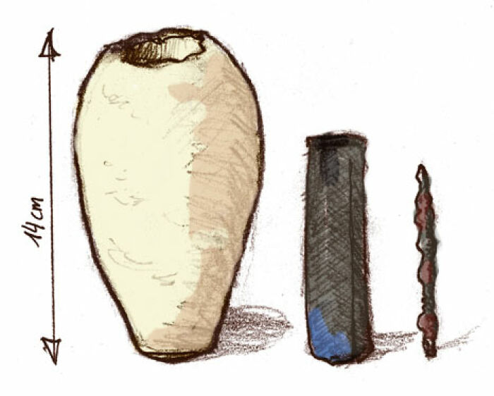 Illustration of historical inventions: a jar, a cylindrical object, and a rod, showcasing ancient technology.