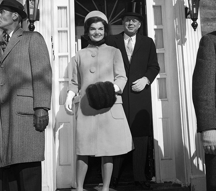 Historical first lady inauguration outfit in a black and white setting, showcasing vintage fashion style.