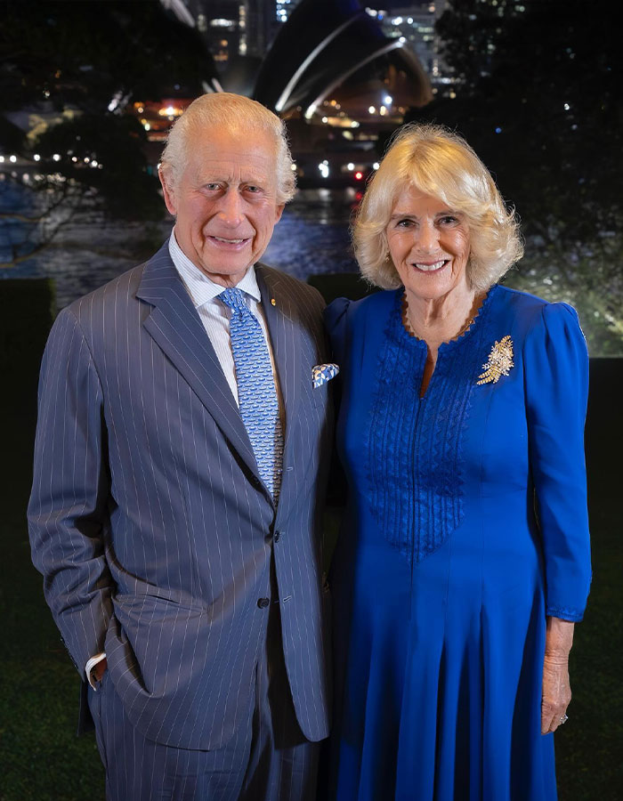 King Charles portrait with a woman, wearing a suit and a blue dress at an outdoor event, addressing UK dentist shortage.