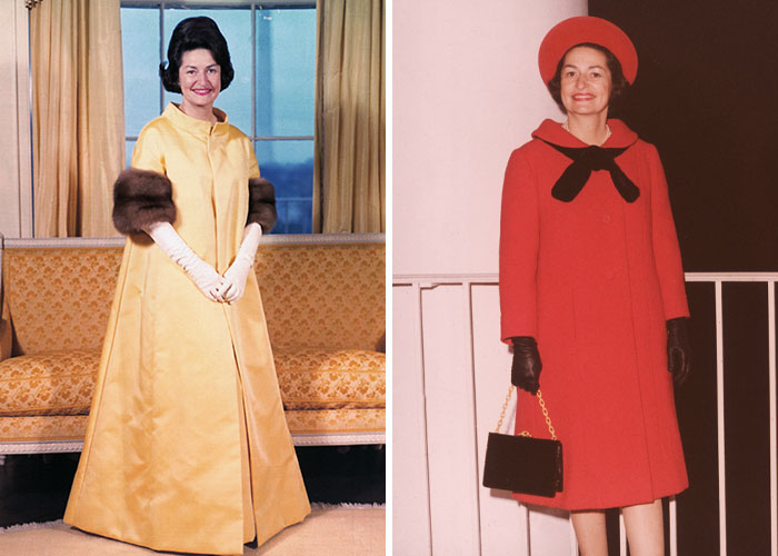 Past First Ladies’ inauguration outfits, one in a yellow coat with fur sleeves, the other in a red coat with black accents.