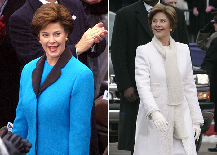 First ladies' inauguration outfits compared; blue coat and white ensemble worn at different events.