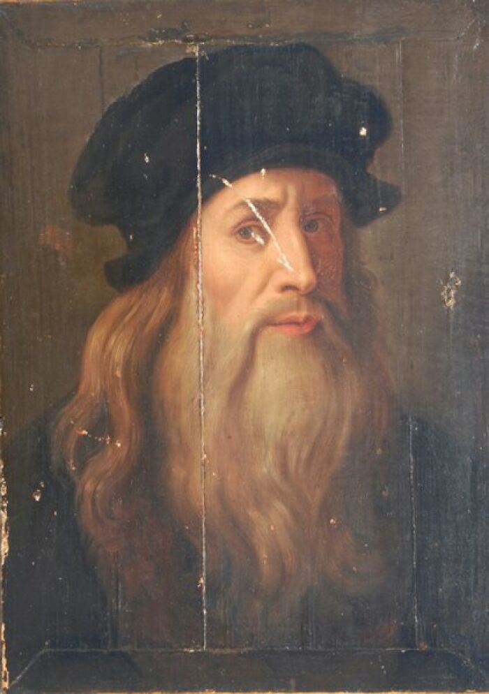 A historical painting of a bearded man in a dark hat, embodying inventions ahead of their time.