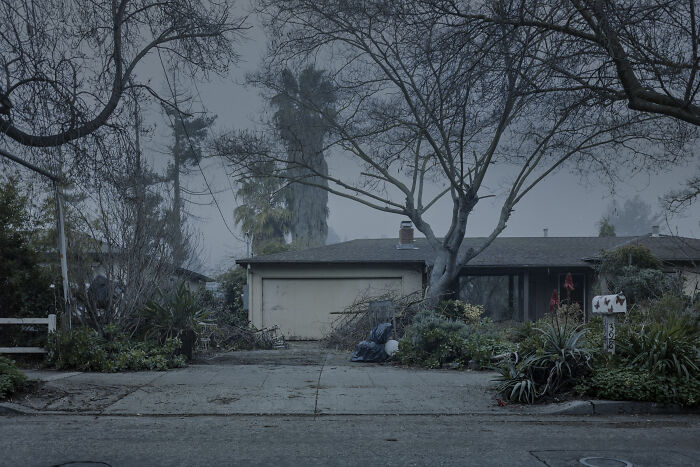 Suburban disconnection depicted in a quiet, foggy scene of an overgrown front yard and house, capturing fading suburban life.