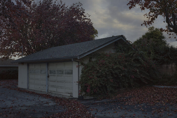 Suburban disconnection: an overgrown garage, surrounded by autumn leaves, under a cloudy sky.