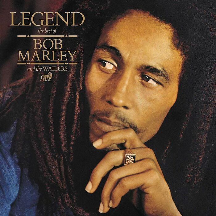 Cover of "Legend" album by Bob Marley and the Wailers with '70s music theme.