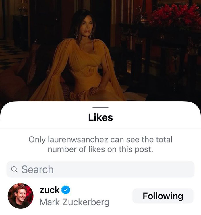 Instagram post showing Lauren Sanchez's profile with Mark Zuckerberg listed as a follower.