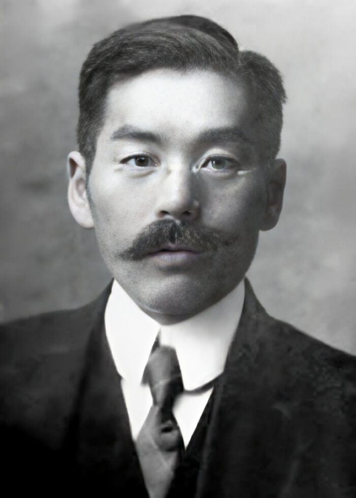 Black and white portrait of a man with a mustache in a suit, related to intriguing facts from the “Today I Learned” community.