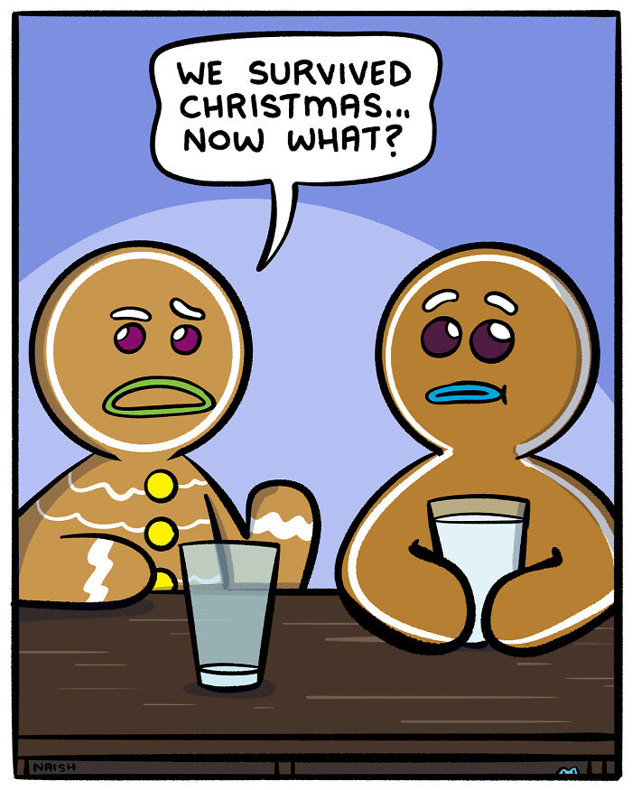 Two gingerbread figures at a table, discussing life after Christmas with empty glasses.