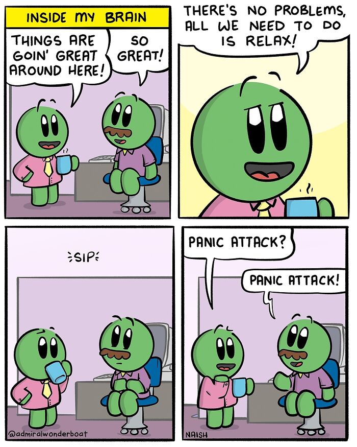 Funny comic about life and mental health featuring two green characters discussing stress and panic attacks in an office.