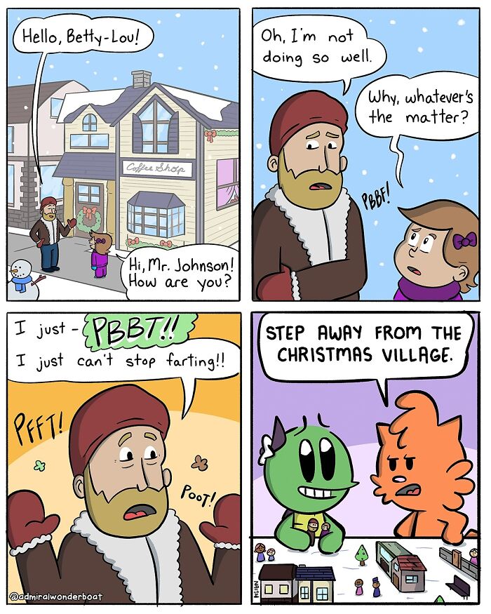 Comic about life and friendships featuring characters discussing a humorous issue outside a Christmas village.