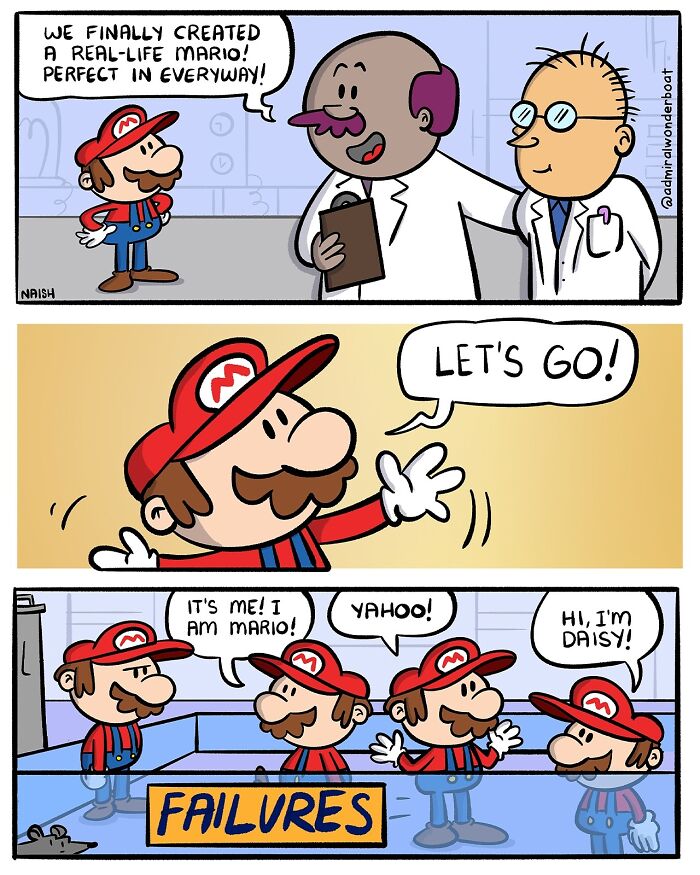 Comic strip about life and friendships showing Mario clones by an artist, including a character introducing as Daisy.