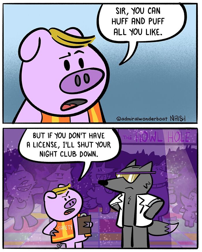 Funny comic about life: a pig inspector warns a wolf about licensing at a nightclub.