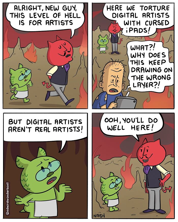 Comic about life and mental health: a red demon guides a digital artist using an iPad in a fiery setting.