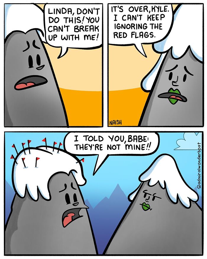 Funny comic about life; two mountain characters discuss red flags and breaking up.