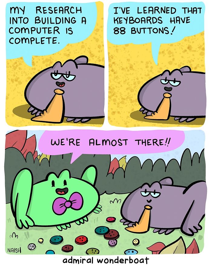 Funny comic about life with two animated animals discussing computer building, joking about keyboards having 88 buttons.