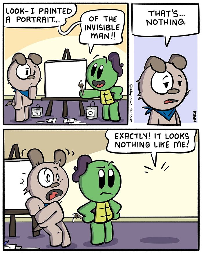 Funny comic about friendship with one character painting an empty canvas, claiming it's a portrait of an invisible man.