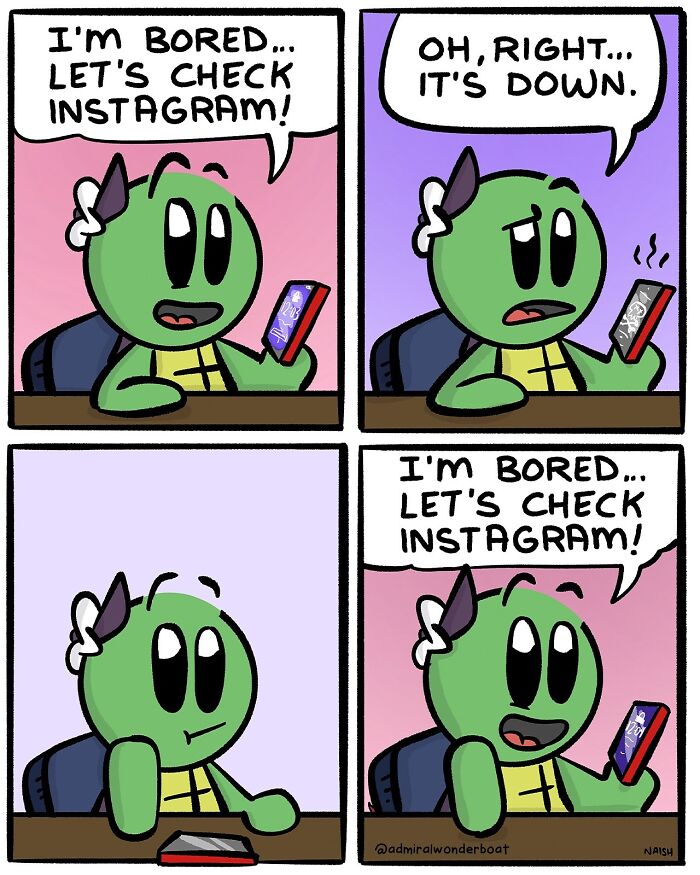 Comic character humorously checking Instagram repeatedly about life and tech.