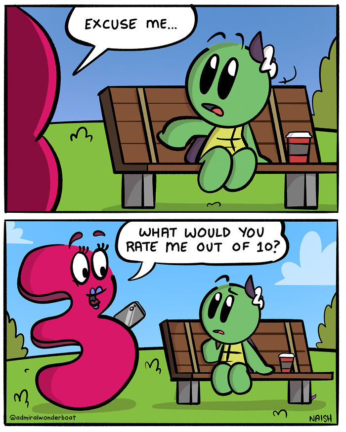 Comic about life and friendships featuring a green character on a bench and a pink number asking for a rating.