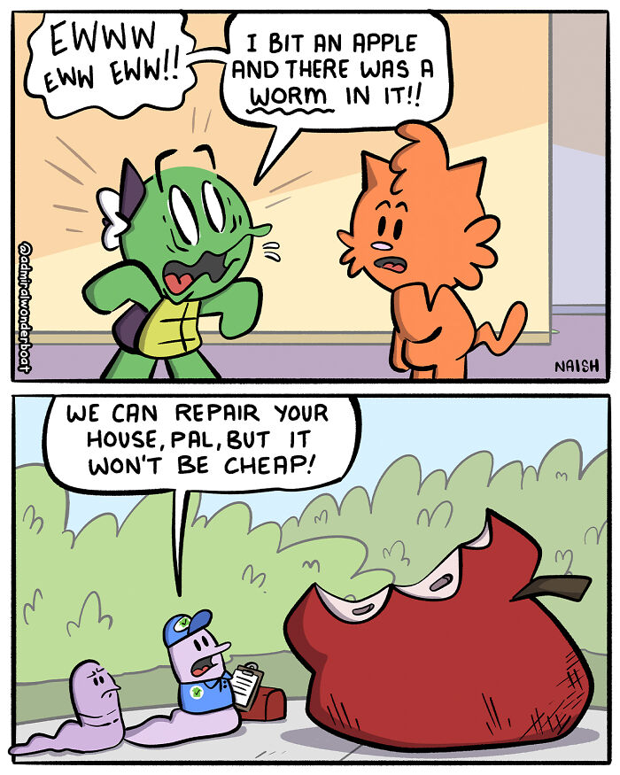 Funny comic about life and friendships featuring a surprised dinosaur and a worm discussing an apple incident.