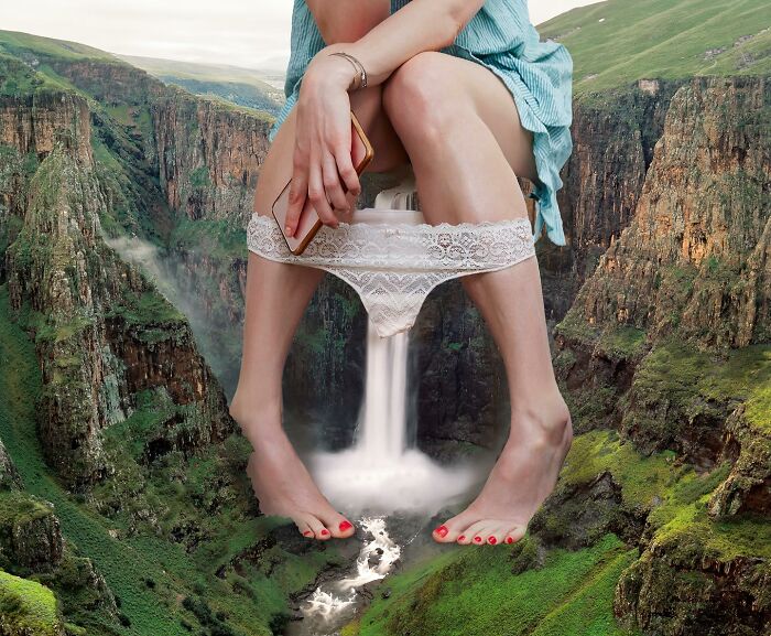 Turkish artist creates unexpected collage of a seated woman merging into a waterfall in a lush canyon.