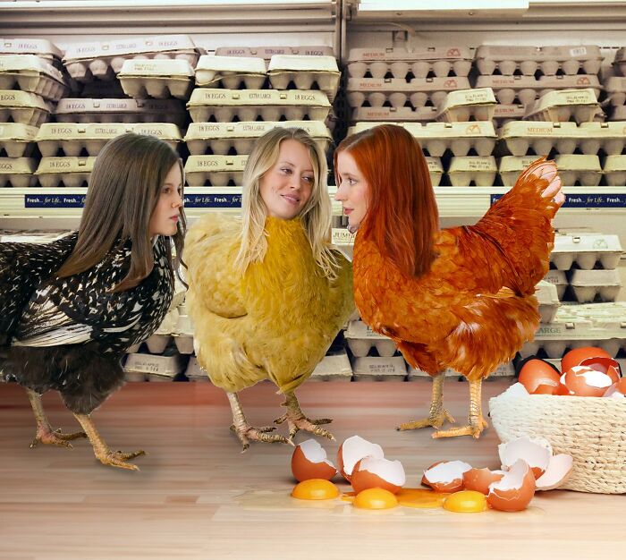 Three women with chicken bodies in an egg aisle, showcasing surreal collages by a Turkish artist.