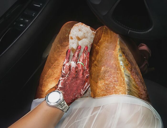 Collage by Turkish artist featuring a bread-loaf depiction on legs and a raw meat hand in a car setting.