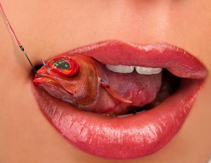 Collage art by Turkish artist featuring lips with a fish on a hook.