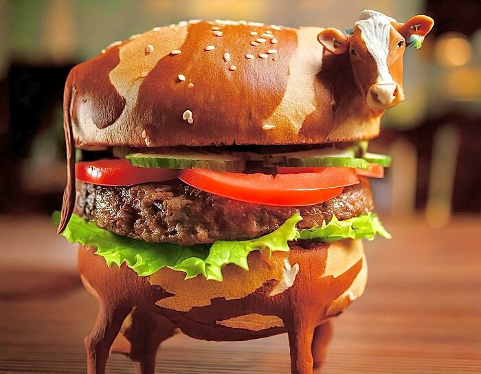 Collage by a Turkish artist showing a burger with a cow's body and face, blending food and animal imagery.