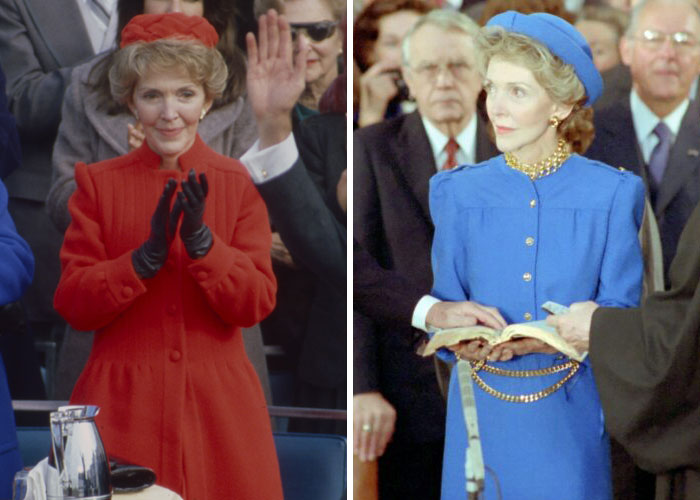 First Ladies in contrasting outfits at inaugurations, showcasing elegant styles discussed by netizens.