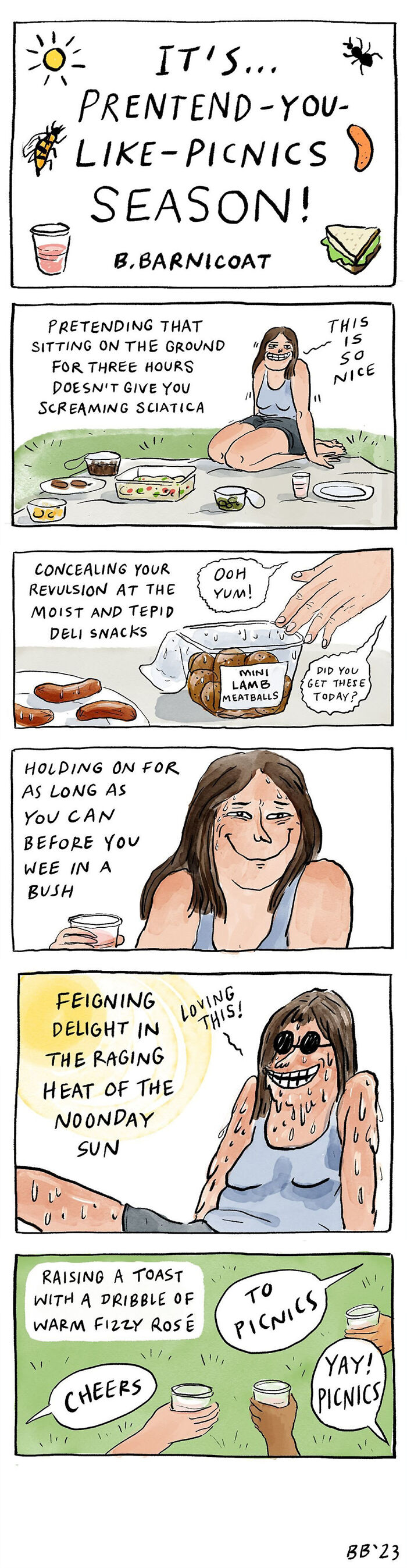 Relatable comic by Becky Barnicoat humorously depicting the awkward realities of pretending to enjoy picnics.