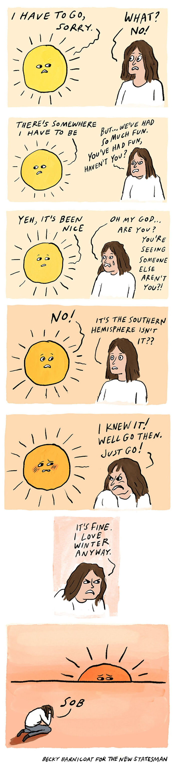 Comic by Becky Barnicoat illustrating an amusing sun-related challenge of everyday life with humorous dialogue.