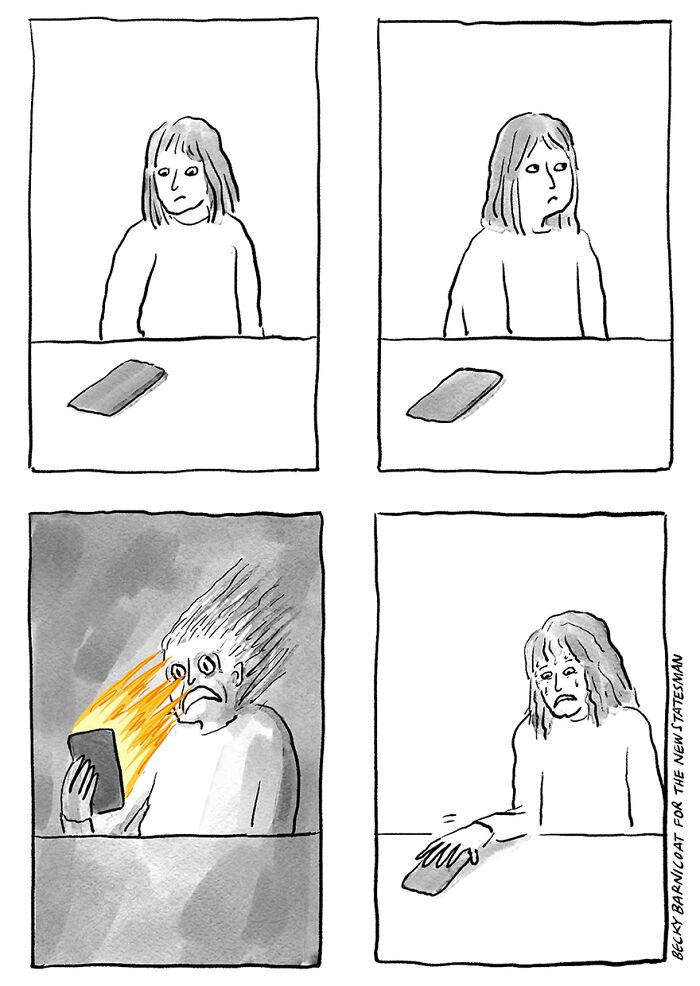 Comic of a person overwhelmed by phone screen light, illustrating everyday life challenges by Becky Barnicoat.