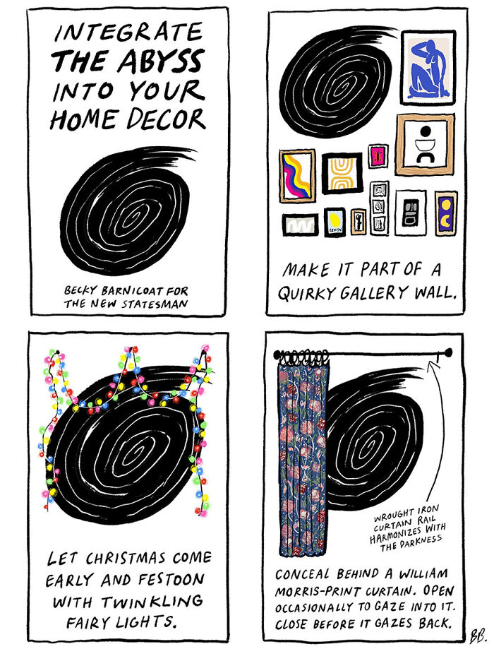 Comic by Becky Barnicoat illustrating challenges of everyday life with humorous home decor suggestions using a black swirl.