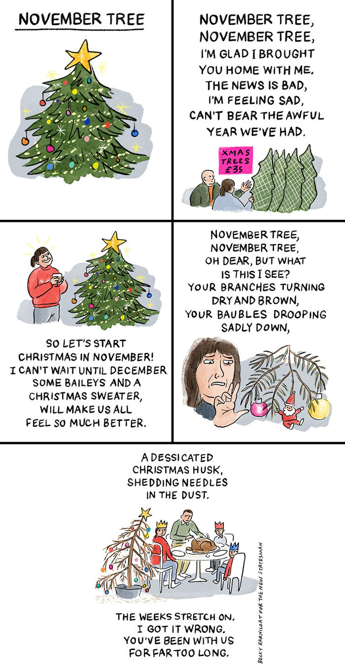 Relatable comic by Becky Barnicoat showing the challenges of keeping a Christmas tree fresh through the holidays.