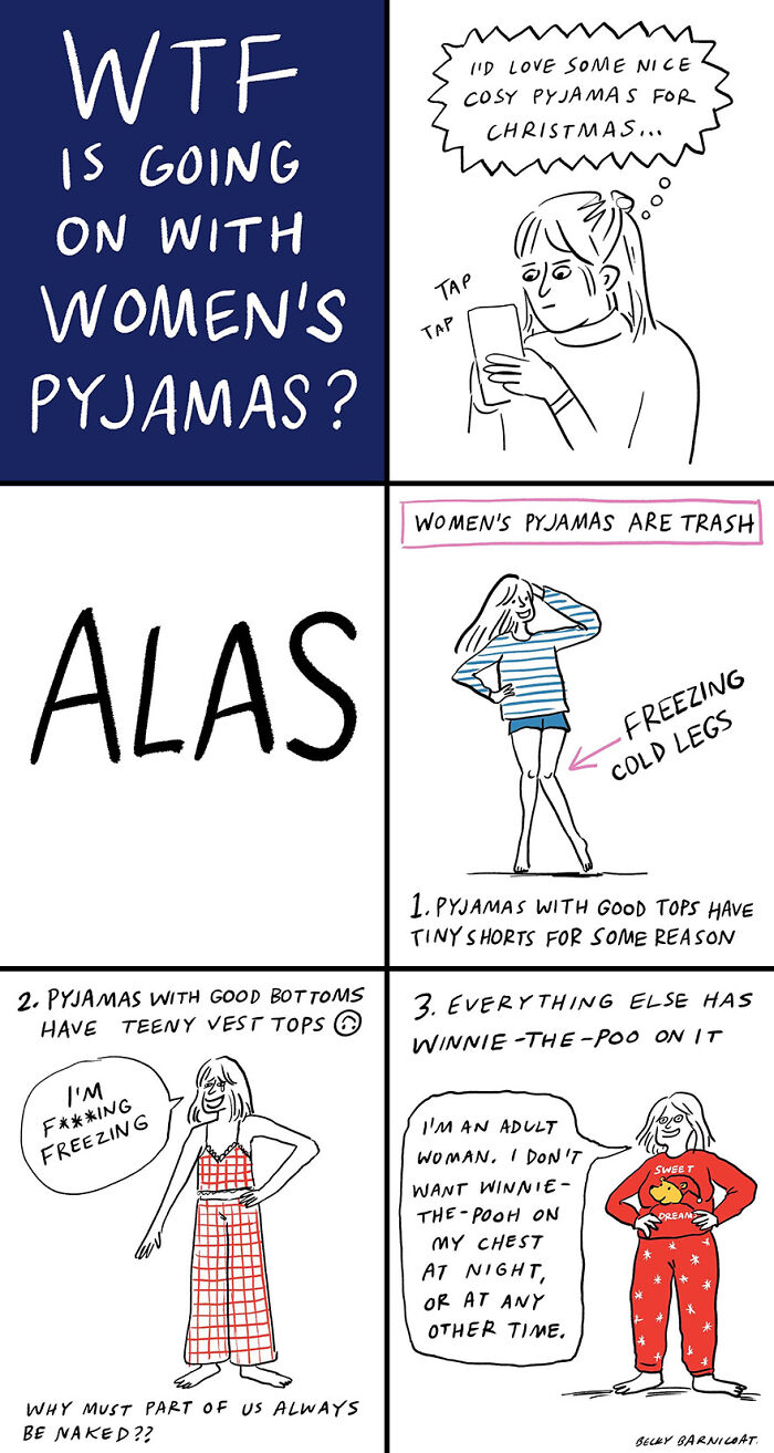 Comic illustrating challenges of everyday life with women's pajamas, highlighting uncomfortable and impractical designs.