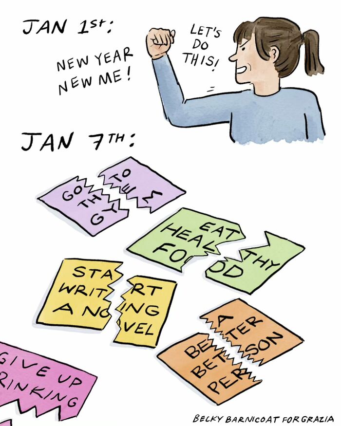 Comic by Becky Barnicoat showing the challenge of New Year resolutions with broken goal notes.